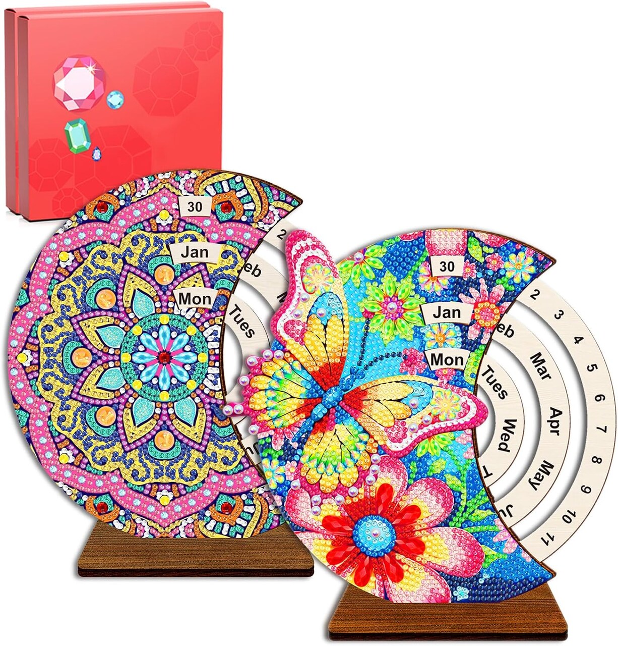 3D Diamond Art Wooden Perpetual Calendar Kits for Adults Easter Gifts Painting Accessories Gem Tools Crystral dots Paint for Home Desktop Stand (Butterfly&Mandala 2)